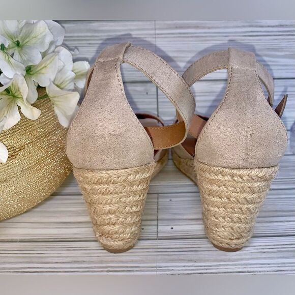 H&M Beige Espadrille Wedge Open Toe Faux Suede Sandals S:7.5 - Picture 6 of 9